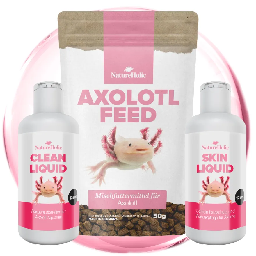 NatureHolic Axolotl Pflege-Set, Wasserpflege, Schleimhautschutz & Spezialfutter