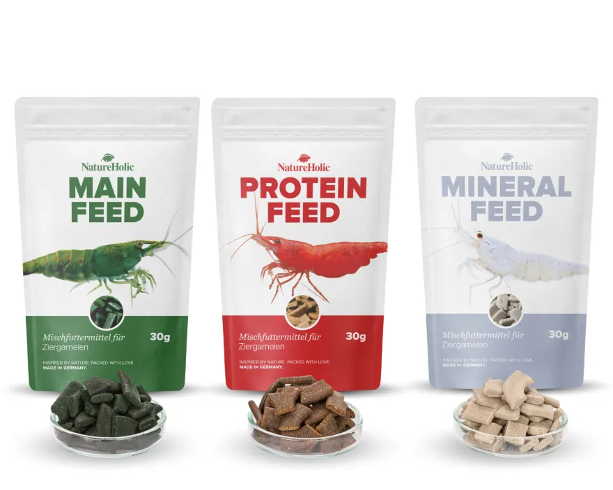NatureHolic Futter Paket, Mainfeed + Proteinfeed + Mineralfeed, Garnelenfutter, 3 x 30 g