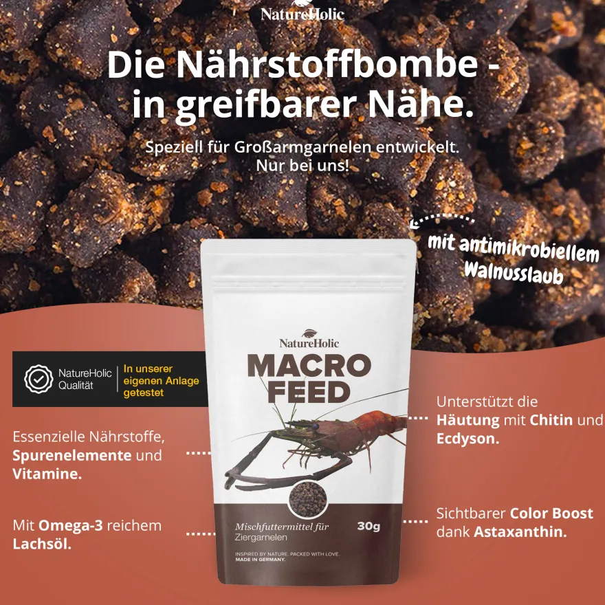 NatureHolic Macrofeed, Großarmgarnelen Futter, 30 g