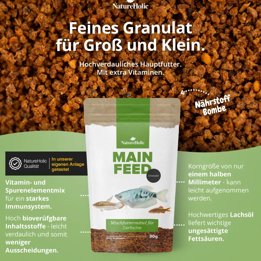 NatureHolic Mainfeed Granulat, Zierfisch Hauptfutter, 30 g